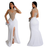 Women Solidmesh Beaded Slit Maxi Dress