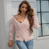 Autumn Winter Women's V-Neck Floral Knit Cardigan