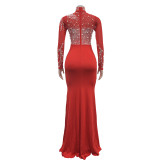 Women Solidmesh Beaded Slit Maxi Dress