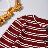 Women Autumn Striped Long-Sleeved Top and Shorts Two-Piece Set