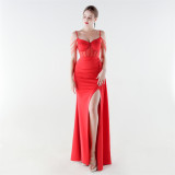 Women Herringbone Mesh Beaded Formal Party Evening Dress