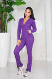 Autumn Winter Women's High Stretch Ribbed Print Hooded Pocket Casual Sport Homewear Set