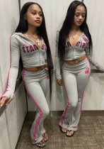 Women Casual Color Block Printed Zipper Hooded Top and Pants Two-Piece Set