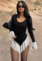 Women Autumn/Winter Round Neck Color Block Long Sleeve Lace Jumpsuit