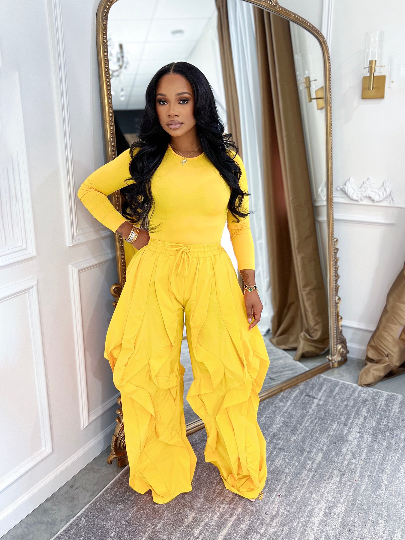 Women Autumn/Winter Long Sleeve Top and Layers Wide-Leg Pant Two-Piece Set