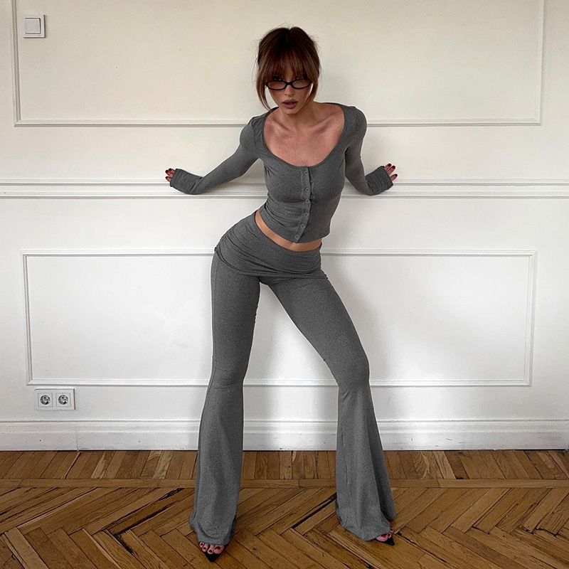 Women Autumn/Winter Square Neck Button Solid Top and Bell Bottom Pant Two-Piece Set