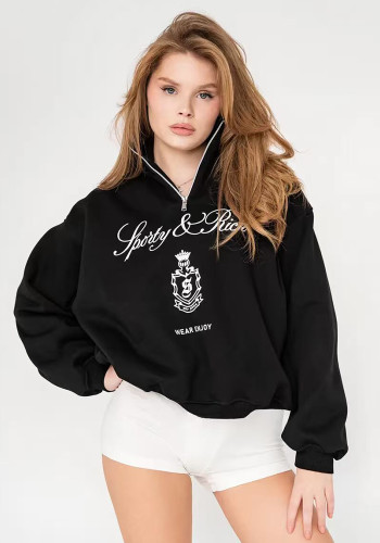 Women Autumn Printed Zipper Turndown Collar Oversize Top