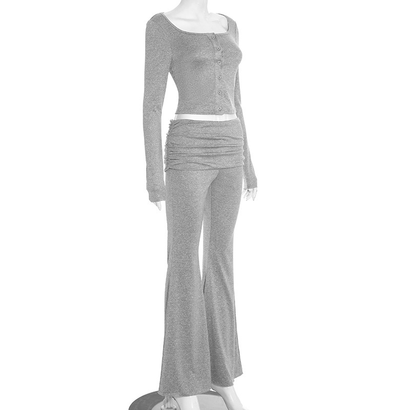 Women Autumn/Winter Square Neck Button Solid Top and Bell Bottom Pant Two-Piece Set