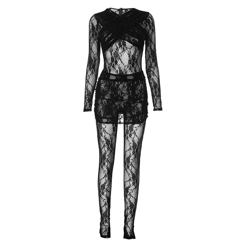 Women Patchwork Lace See-Through Jumpsuit and Skirt Two-Piece Set