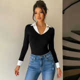 Women Sexy Black and White Color Block Turndown Collar Patchwork Bodysuit