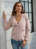 Autumn Winter Women's V-Neck Floral Knit Cardigan