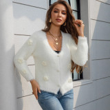 Autumn Winter Women's V-Neck Floral Knit Cardigan