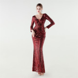 Women Long Sleeve Sequined Formal Party Evening Dress