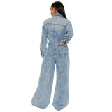 Women Stretchy Long-Sleeved Denim Bell Bottom Jumpsuit