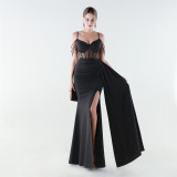 Women Herringbone Mesh Beaded Formal Party Evening Dress
