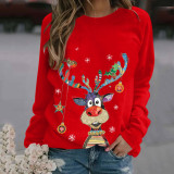 Christmas Women's Cartoon Reindeer Print Long Sleeve Street Round Neck Top