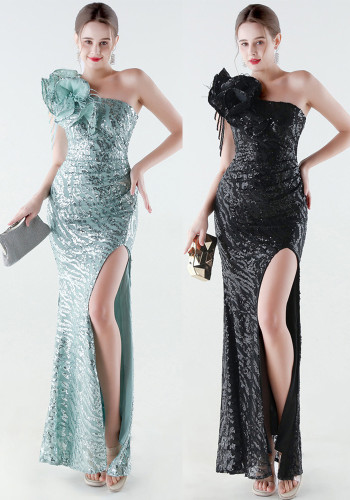 Women's Feather One-Shoulder Sequin Fitted Mermaid High Slit Formal Party Evening Gown