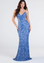 Women's Spring Summer Fashion Sexy Sequin Strap Low Back High Slit Dress