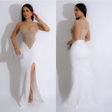 Women Solidmesh Beaded Slit Maxi Dress