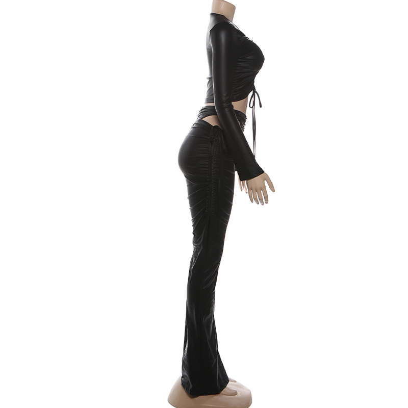 Women Autumn Pleated Sexy Crop Top and Pants Two-Piece Set