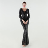 Women Long Sleeve Sequined Formal Party Evening Dress