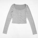 Women Autumn/Winter Square Neck Button Solid Top and Bell Bottom Pant Two-Piece Set