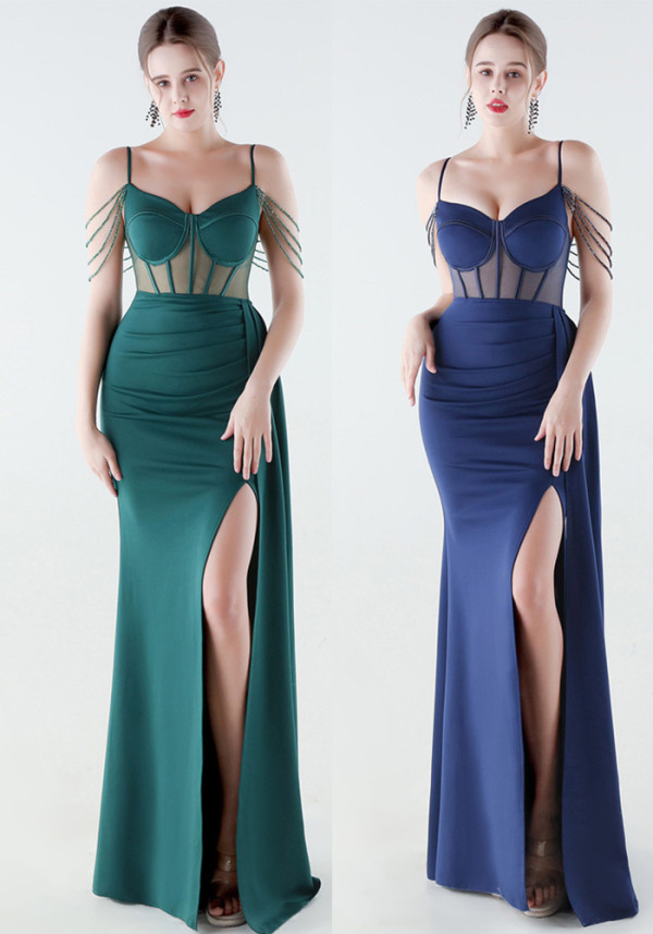 Women Herringbone Mesh Beaded Formal Party Evening Dress