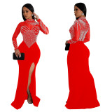 Women Solidmesh Beaded Slit Maxi Dress