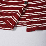 Women Autumn Striped Long-Sleeved Top and Shorts Two-Piece Set