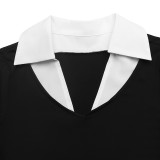 Women Sexy Black and White Color Block Turndown Collar Patchwork Bodysuit