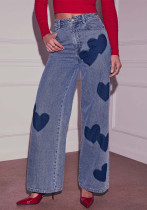 Women Spring/Summer Heart Print Casual Denim Wide-Leg Pants
