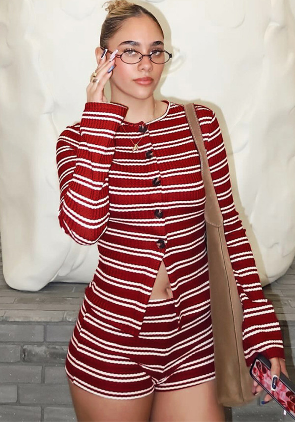 Women Autumn Striped Long-Sleeved Top and Shorts Two-Piece Set