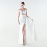 Women Herringbone Mesh Beaded Formal Party Evening Dress