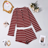 Women Autumn Striped Long-Sleeved Top and Shorts Two-Piece Set
