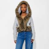 Women Autumn/Winter Hooded Fur Patchwork Pocket Long Sleeve Jacket