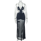 Women Sexy Backless Pleated Halter Neck Strapless Crossover Solid Bodycon Dress