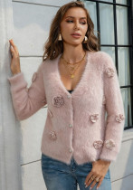 Autumn Winter Women's V-Neck Floral Knit Cardigan