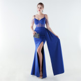 Women Herringbone Mesh Beaded Formal Party Evening Dress