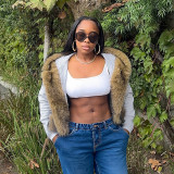 Women Autumn/Winter Hooded Fur Patchwork Pocket Long Sleeve Jacket