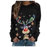 Christmas Women's Cartoon Reindeer Print Long Sleeve Street Round Neck Top