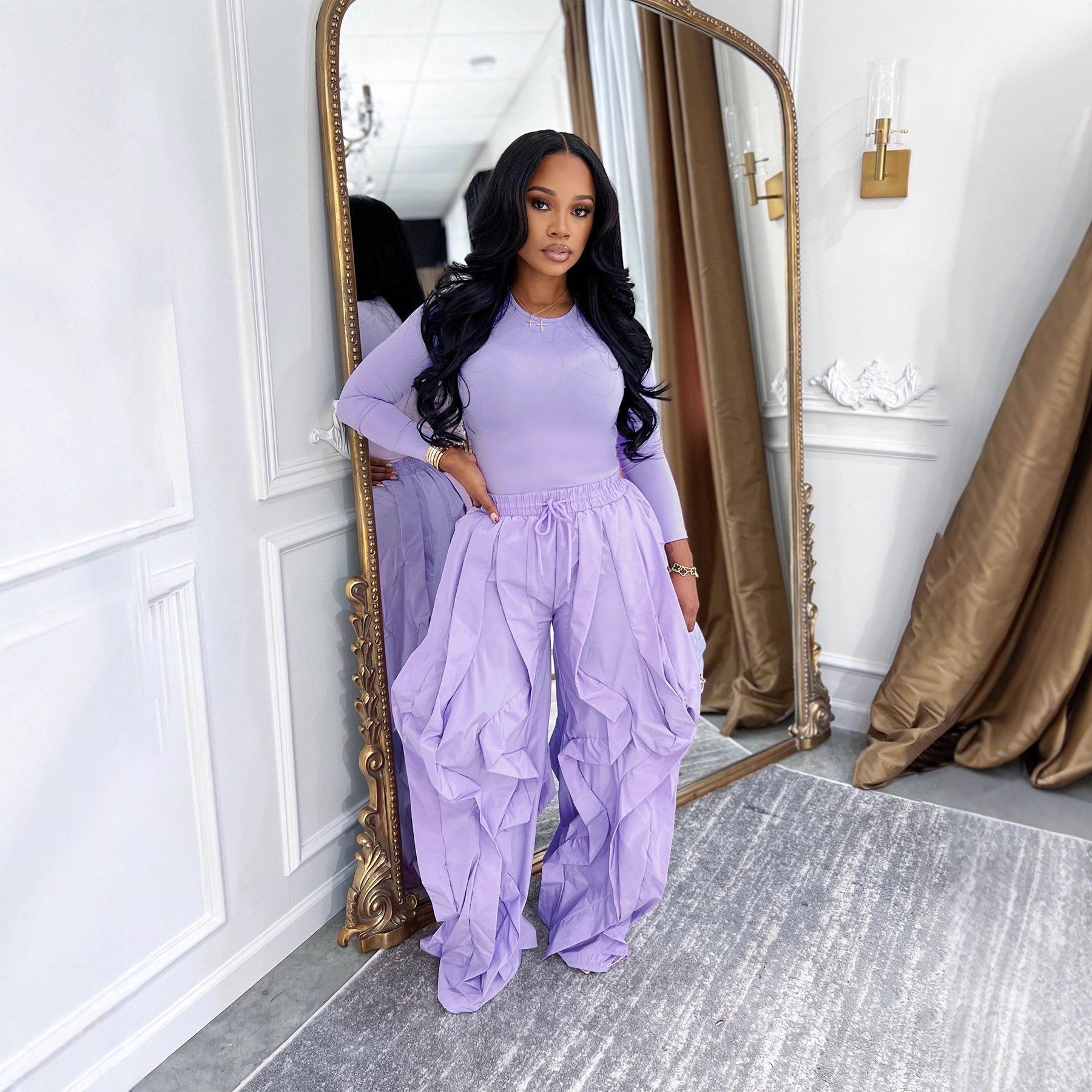 Women Autumn/Winter Long Sleeve Top and Layers Wide-Leg Pant Two-Piece Set