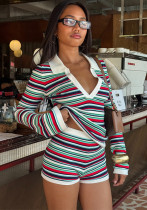 Women Casual Striped Color Block Turndown Collar V-Neck Long-Sleeve Top and Shorts Two-Piece Set
