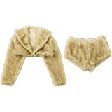 Women Winter Sexy Fur Turndown Collar Crop Top Shorts Two-Piece Set