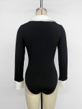 Women Sexy Black and White Color Block Turndown Collar Patchwork Bodysuit