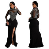 Women Solidmesh Beaded Slit Maxi Dress