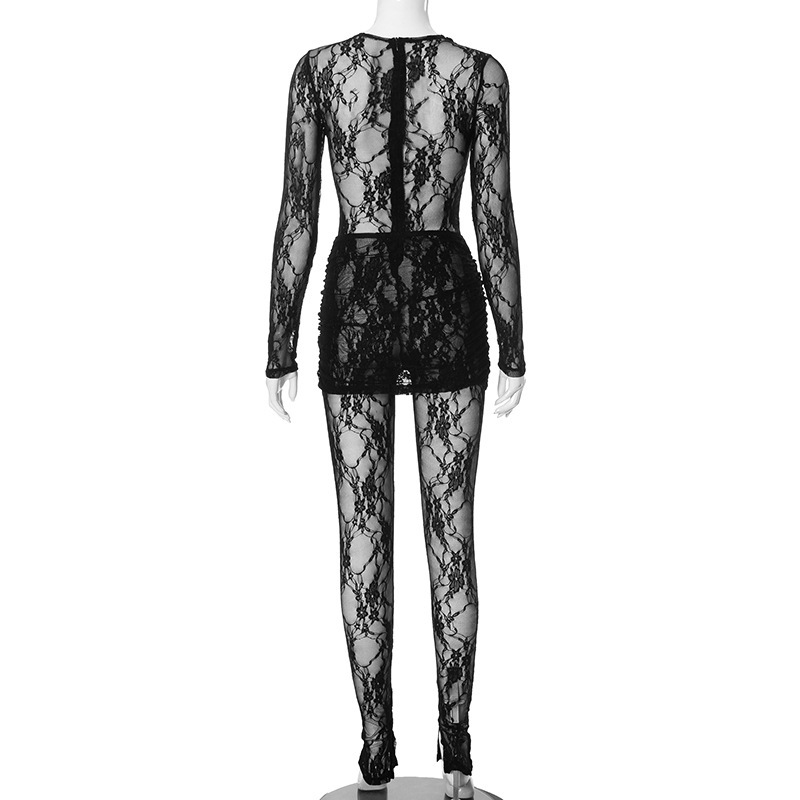 Women Patchwork Lace See-Through Jumpsuit and Skirt Two-Piece Set