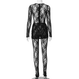 Women Patchwork Lace See-Through Jumpsuit and Skirt Two-Piece Set