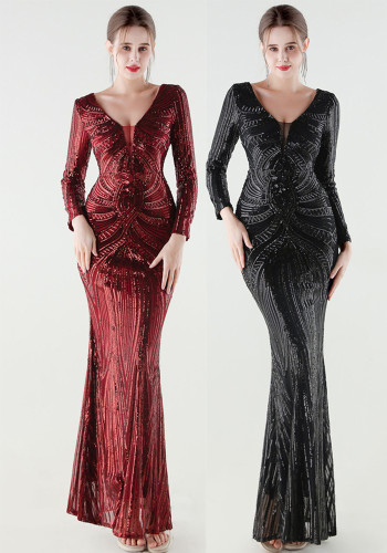 Women Long Sleeve Sequined Formal Party Evening Dress