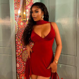 Women Pleated Solid Sexy Halter Neck V-Neck Sleeveless Dress