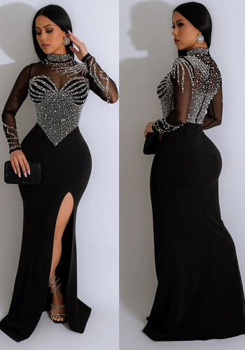 Women Solidmesh Beaded Slit Maxi Dress